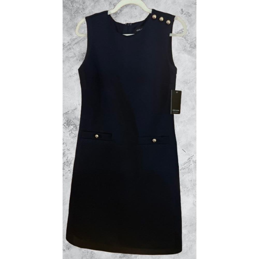 Vivid Aura Navy Blue Textured Sleeveless Shift Dress Gold Button Detail Size 6
